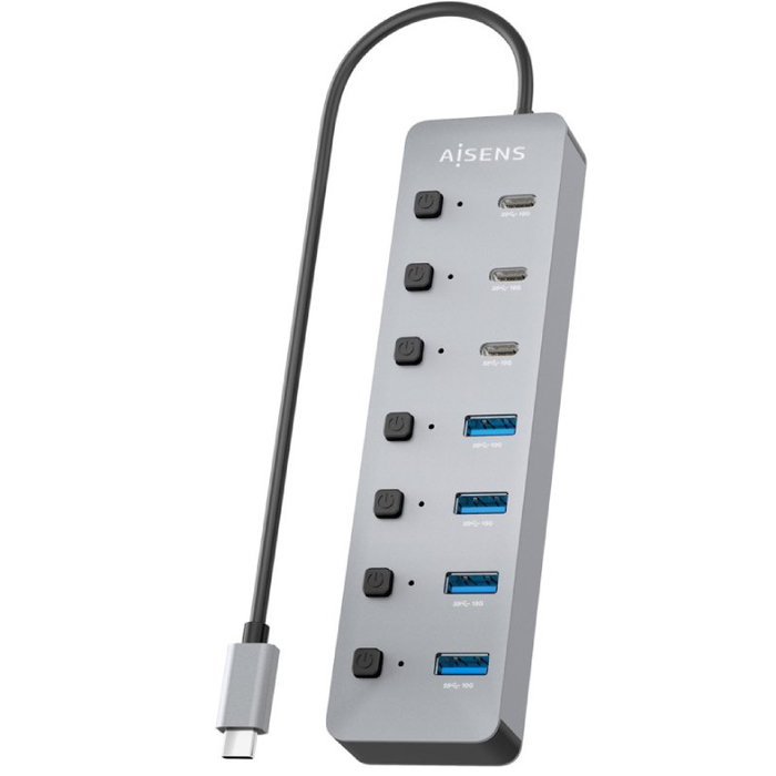 Aisens Hub USB 3.2 Gen2 10G USB-C con 8 puertos y PD 3.0 100W, Gris